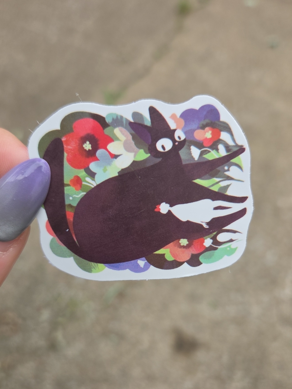 Purple Floral Cat Vinyl Sticker — Playful Decorative Decal